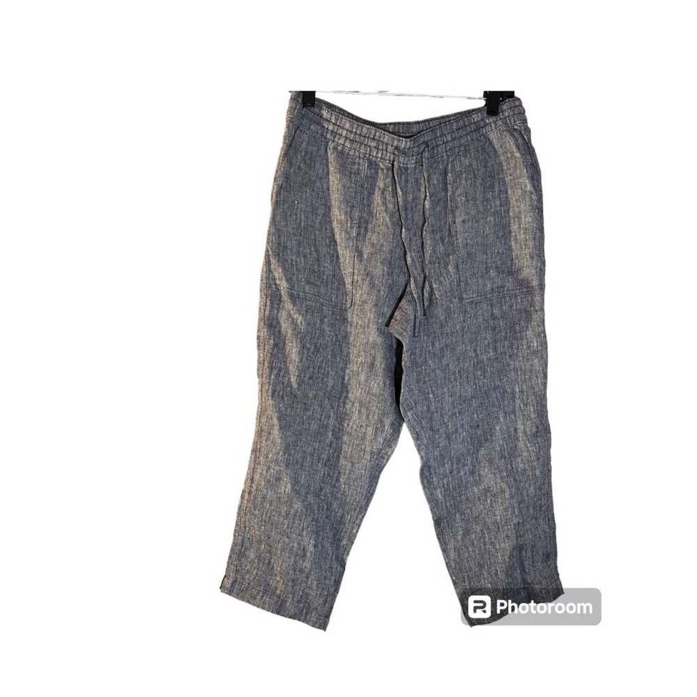 Lands End Linen High Rise  Pull On Tie Waist Crop Pants Chambray Lagenlook 8P